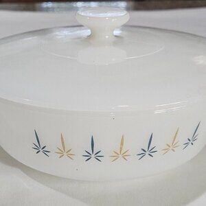 Fire King Anchor Hocking candle glow Qt covered casserole milk glass atomic star